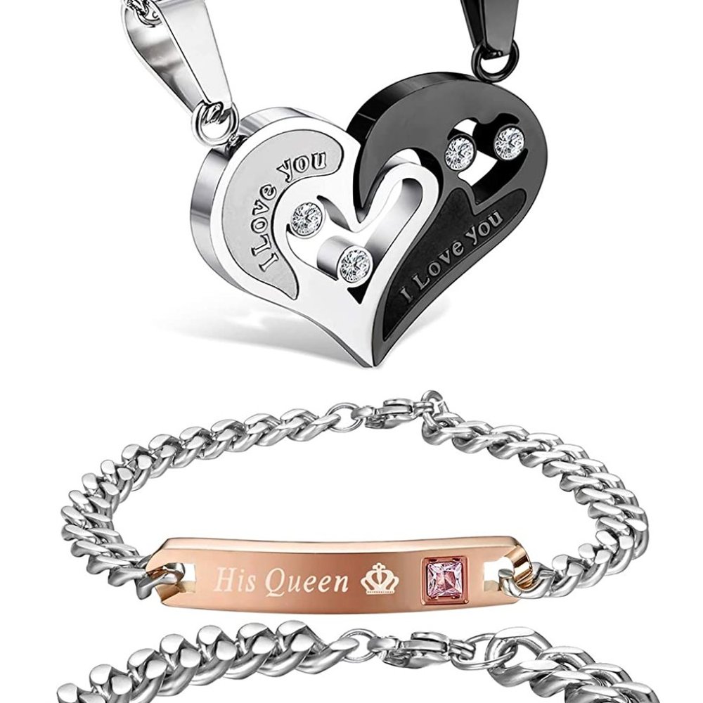 New 4Pcs Couple Necklace Bracelets Matching Set for Women Men Love Heart Pendant